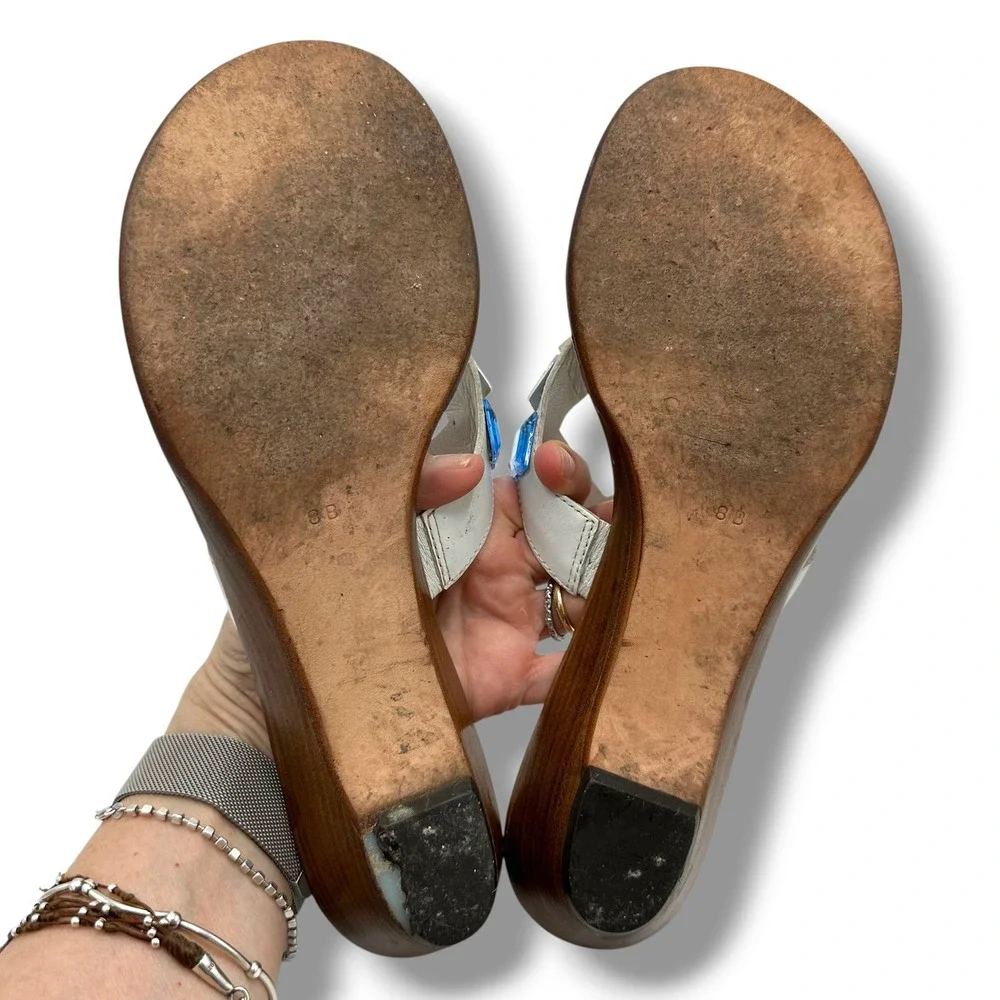 Cole Haan Womens White Leather Crystal Embellished Wedge Thong Sandals Size 8B